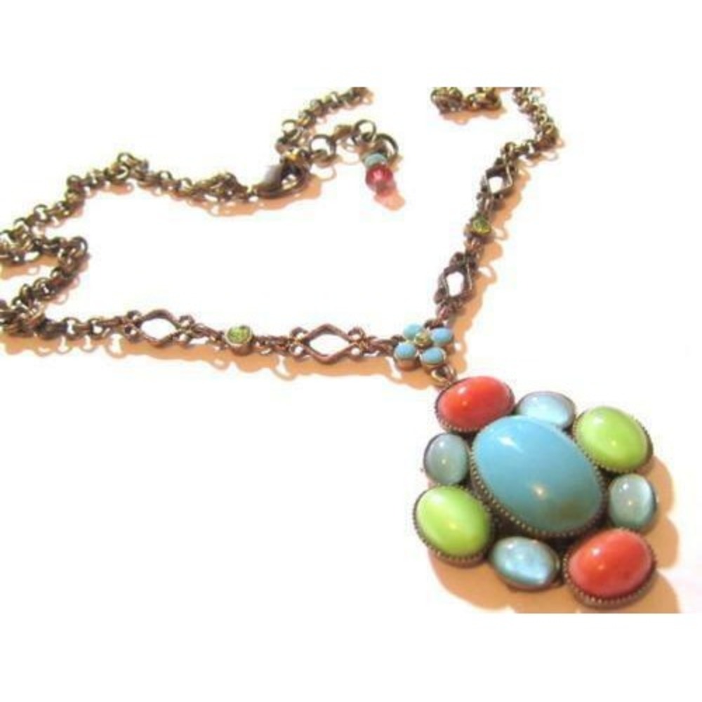 Kirk's Folly Designer Signed Aqua Green Pink Glass Stone Rhinestone‎ Necklace